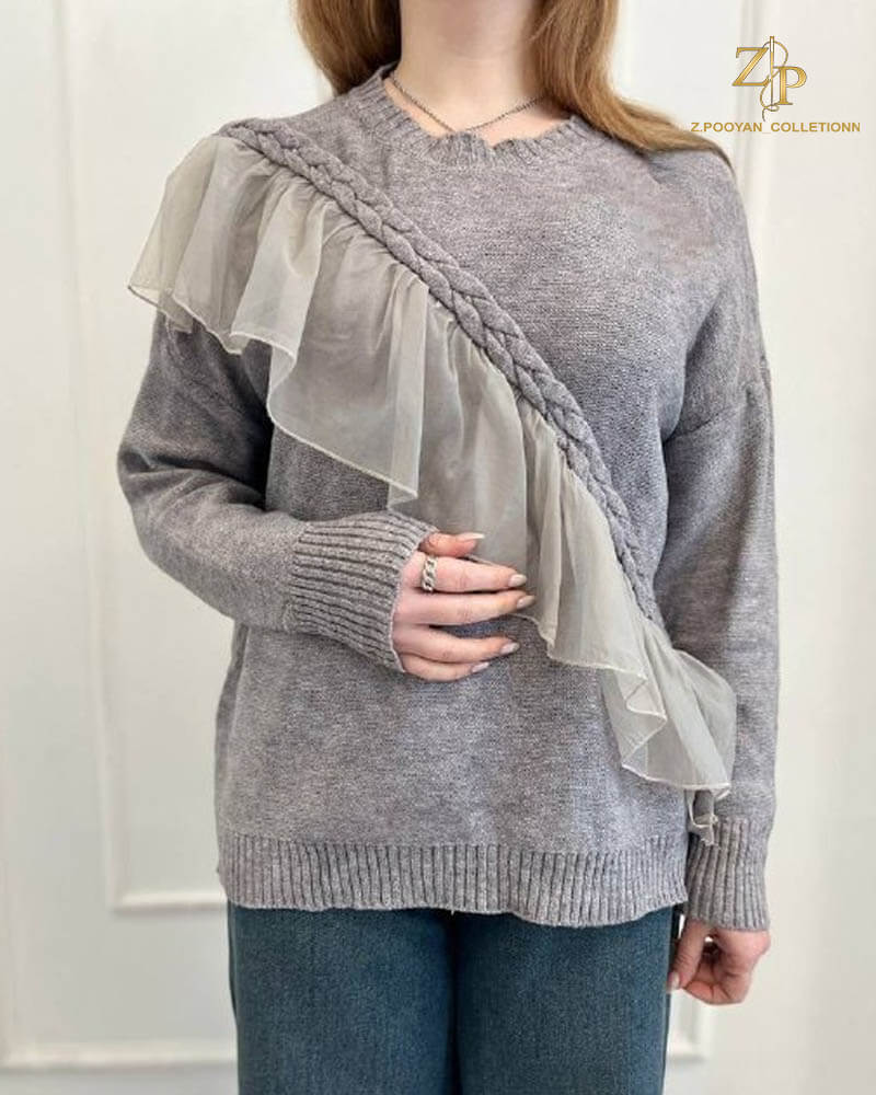 knit sweater gray بافت زنانه طوسی با تور تزیینی