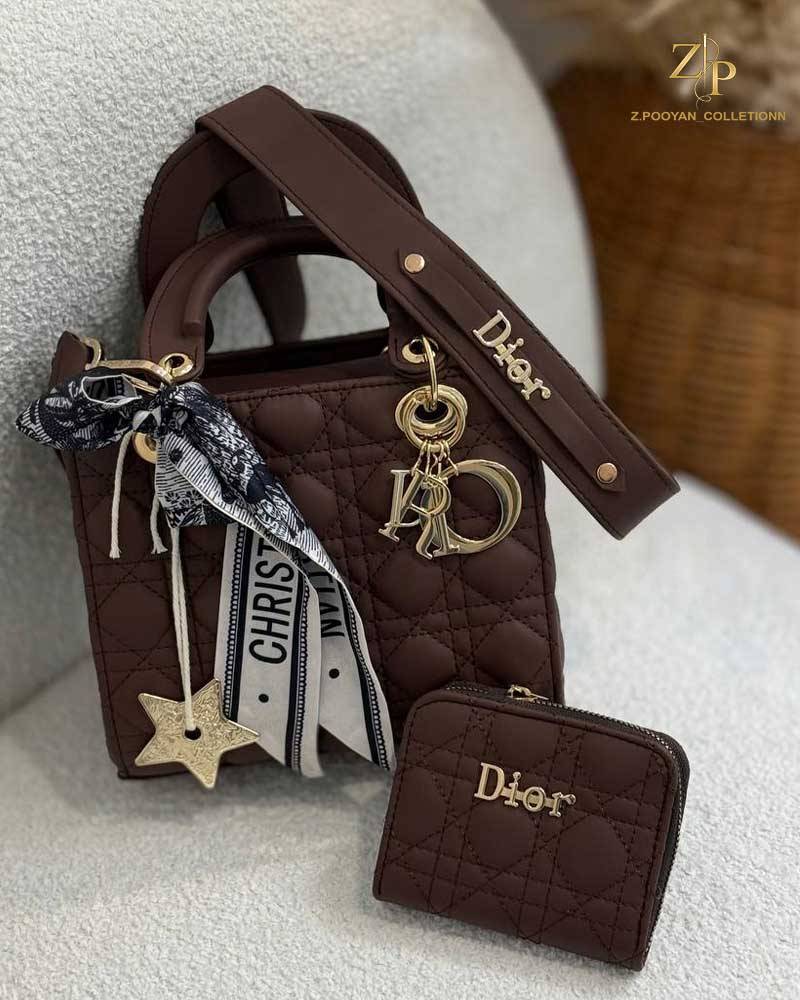 brown dior کیف دستی زنانه دیور + کیف پول کوچک